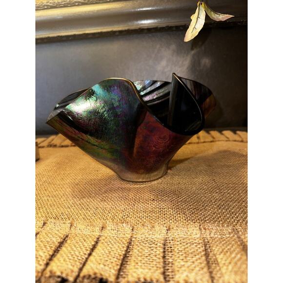 Vintage HAND BLOWN ART GLASS IRIDESCENT HANDKERCHIEF CANDLE HOLDER Vase EUC - Picture 5 of 16